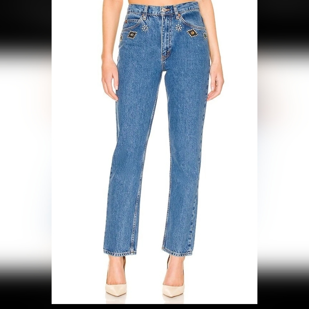 Re/Done Blue Straight Leg Jeans with Beaded Embellishments - Picture 2 of 10
